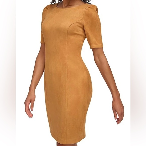 NEW Womens DKNY Short Puff Sleeve Scuba Suede Sheath Pecan Dress $134 - Picture 1 of 13